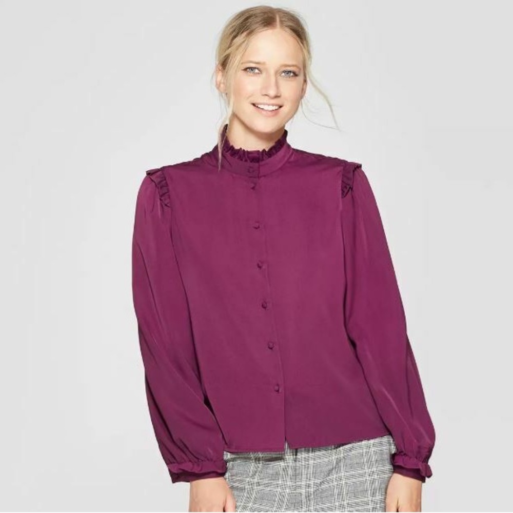Who What Wear Purple Puff Sleeve Blouse with Mandarin Collar